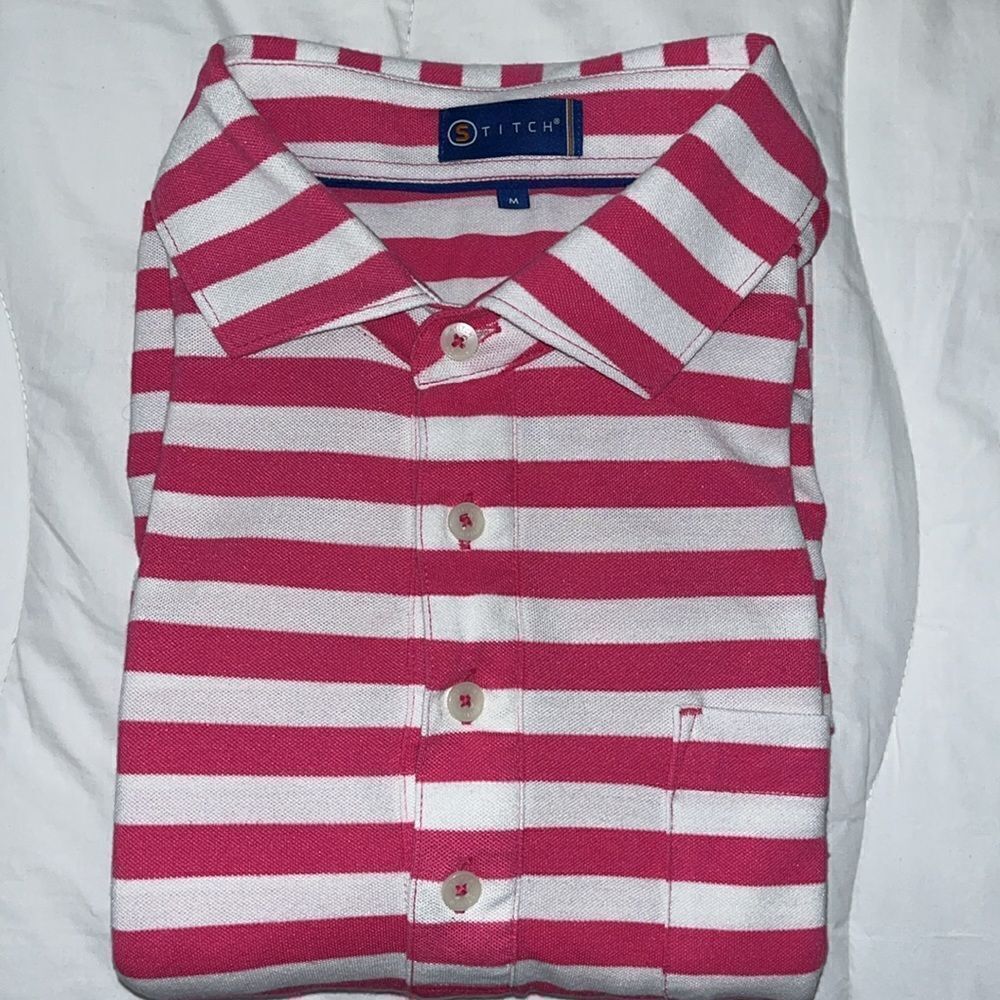 Beautiful Stitch swept collar Pink & White NO country Club Golf polo shirt M